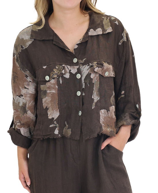Floral Print Crop Shirt w/ Frayed Trim view 