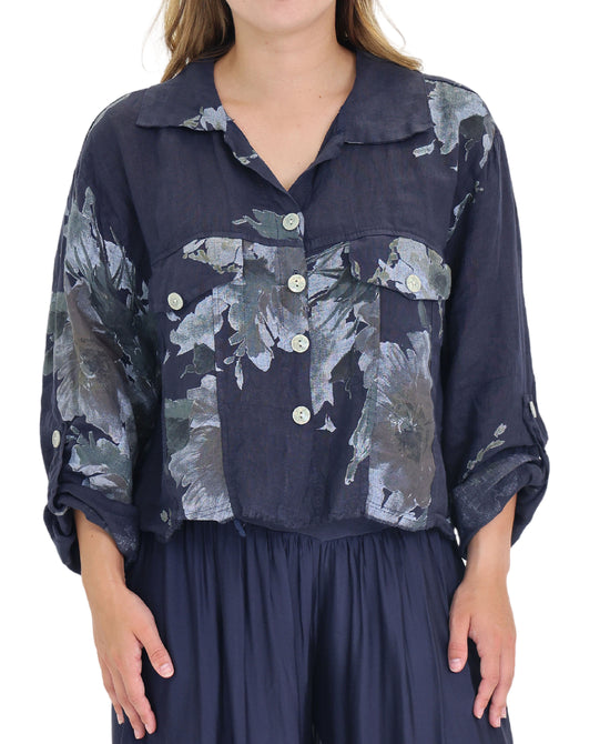 Floral Print Crop Shirt w/ Frayed Trim view 