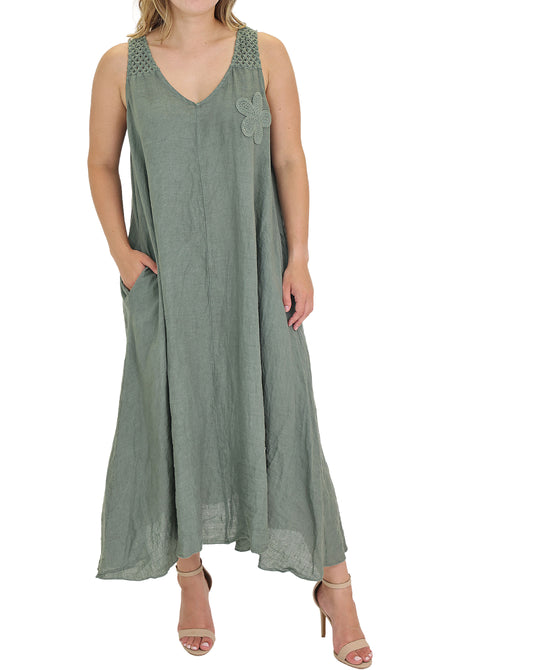 Linen Maxi Dress w/ Crochet Flower view 