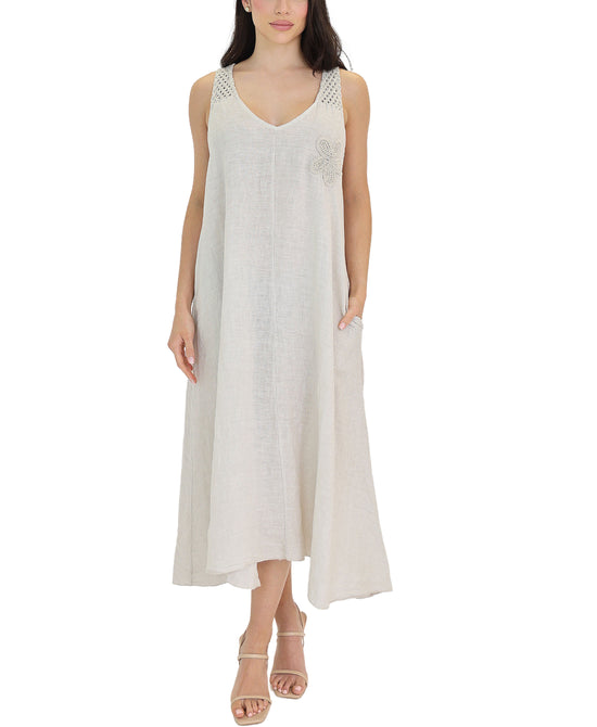 Linen Maxi Dress w/ Crochet Flower view 