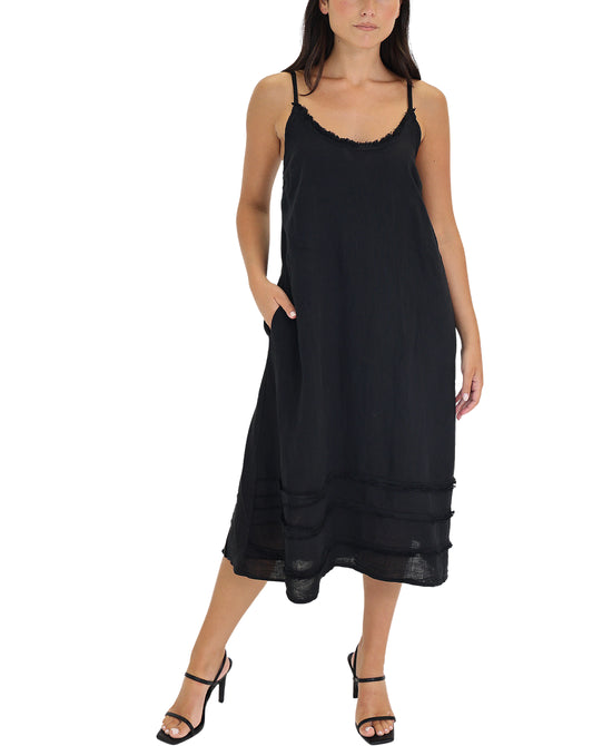 Linen Midi Dress w/ Frayed Detail view 