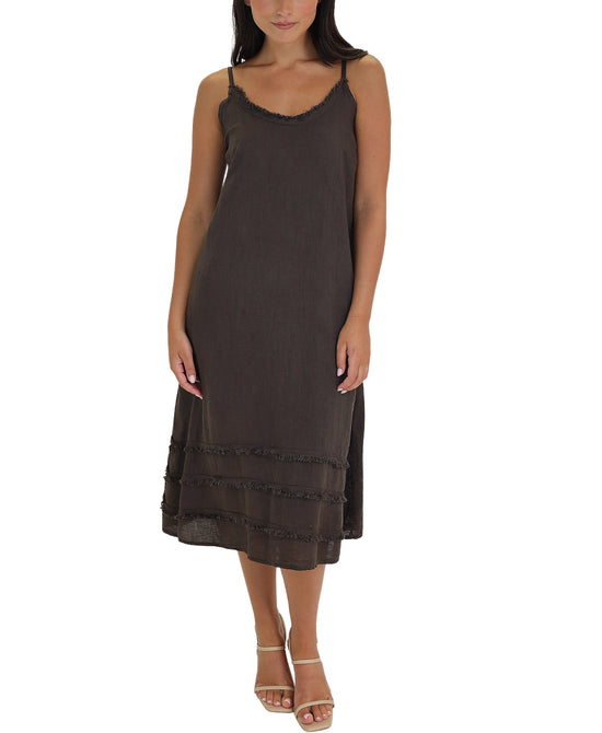 Linen Midi Dress w/ Frayed Detail view 