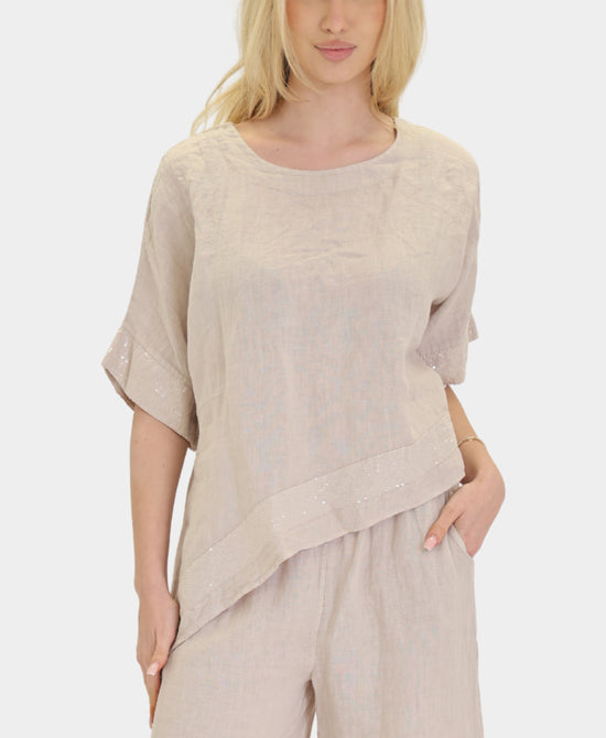 Asymmetrical Linen Top w/ Sequin Detail view 2