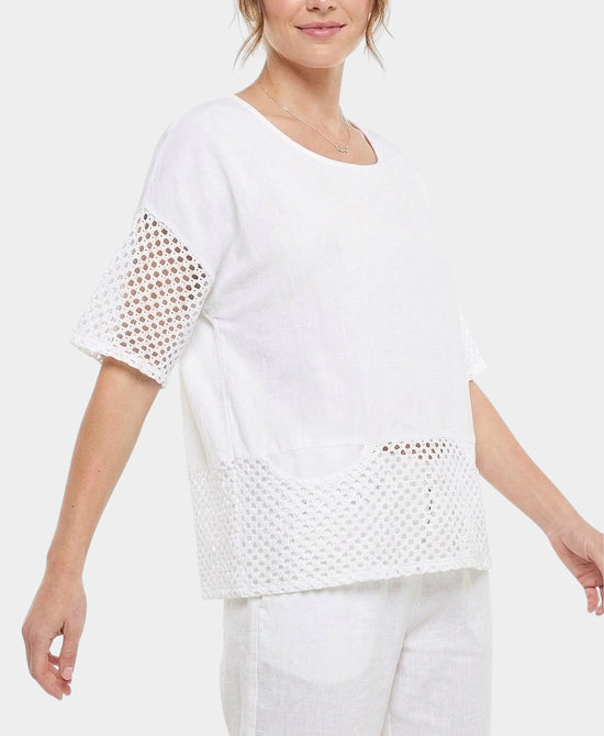 
Linen & Cotton Washed Top w/ Crochet Trim in WHITE view 1