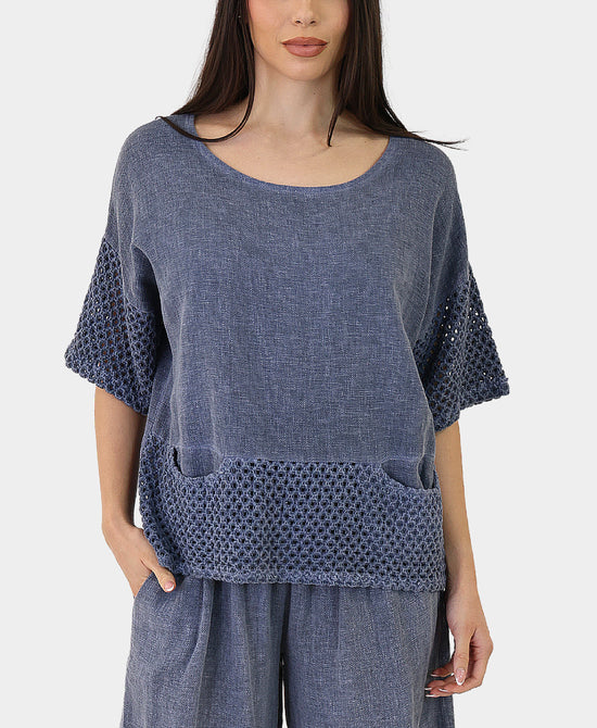 Linen & Cotton Washed Top w/ Crochet Trim view 