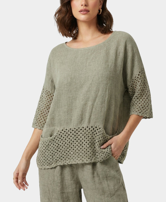 
Linen & Cotton Washed Top w/ Crochet Trim in OLIVE view 1