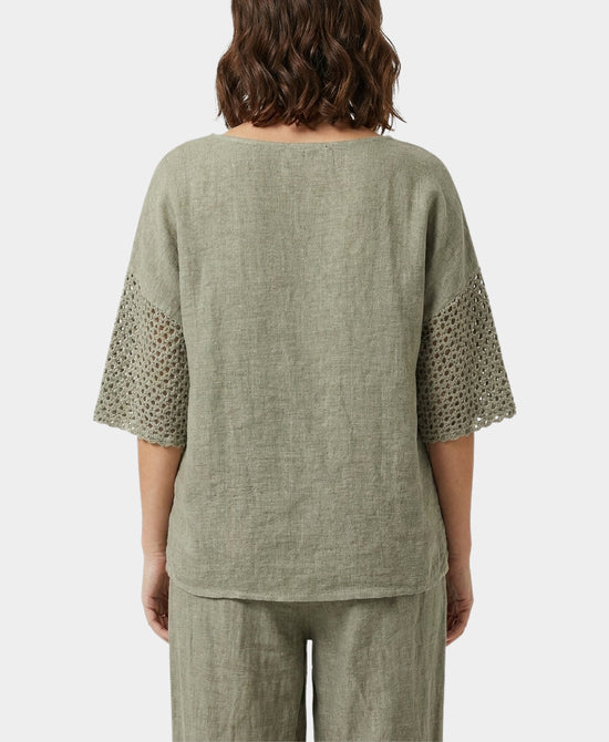 
Linen & Cotton Washed Top w/ Crochet Trim in OLIVE view 2