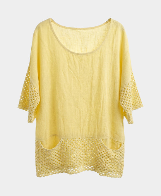 
Linen & Cotton Washed Top w/ Crochet Trim in YELLOW view 2