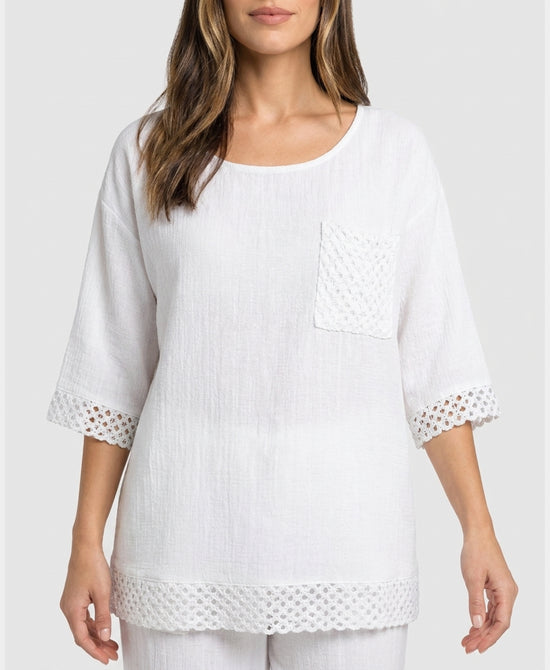 
Linen & Cotton Washed Top w/ Crochet Trim in WHITE view 1