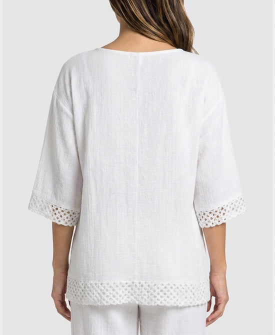 
Linen & Cotton Washed Top w/ Crochet Trim in WHITE view 2