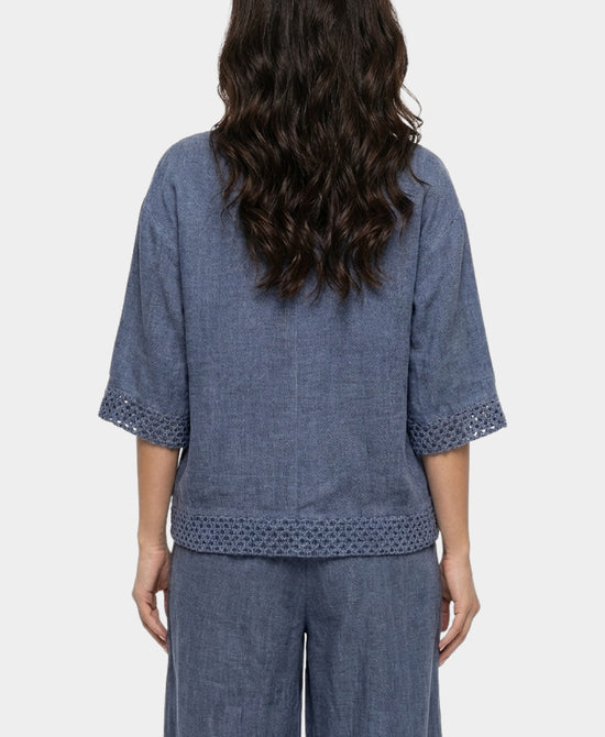 
Linen & Cotton Washed Top w/ Crochet Trim in BLUE view 2