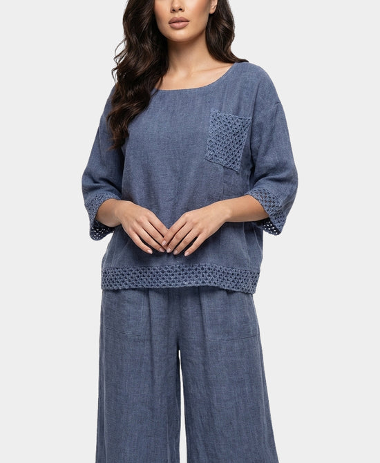 
Linen & Cotton Washed Top w/ Crochet Trim in BLUE view 1