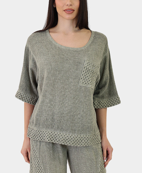 Linen & Cotton Wash Top w/ Crochet Trim view 