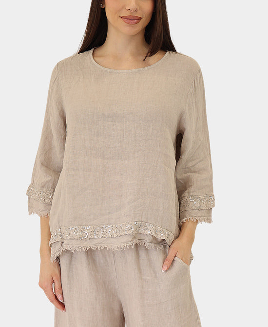 Linen Top w/ Lace & Sequin Trim view 