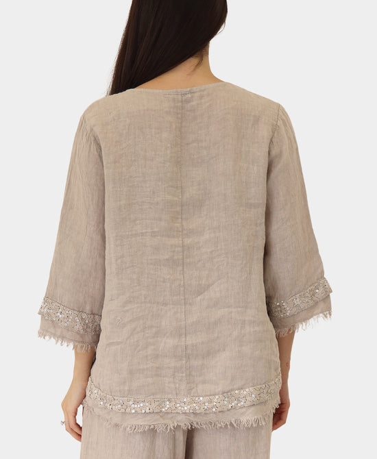 Linen Top w/ Lace & Sequin Trim view 