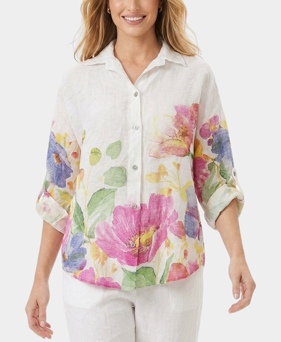 
Floral Print Linen Top in WHITE MULTI view 1