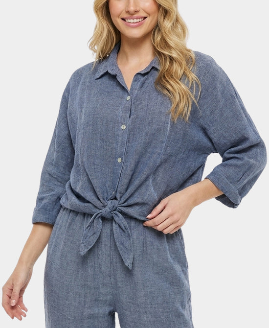
Linen & Cotton Washed Tie Front Top in BLUE view 1