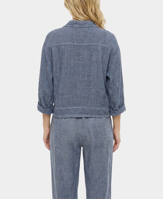 
Linen & Cotton Washed Tie Front Top in BLUE view 2