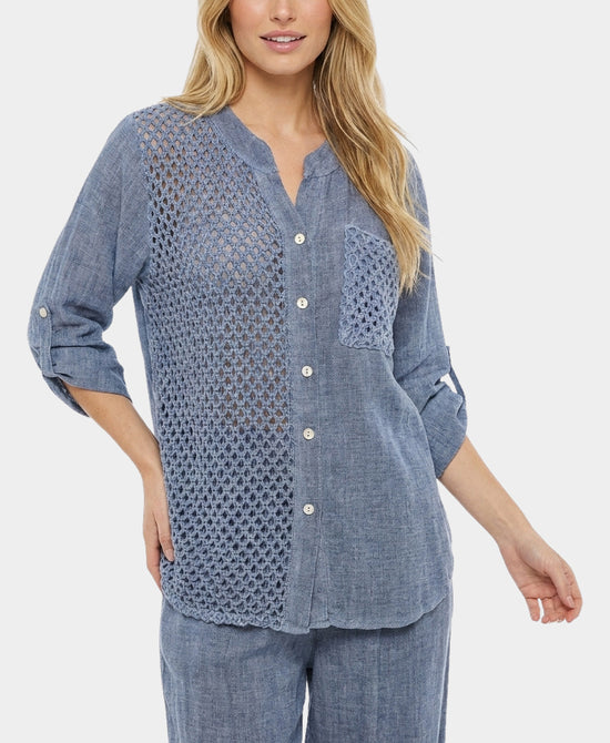 
Linen & Cotton Washed Top w/ Crochet in BLUE view 1