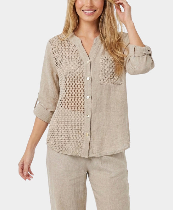 
Linen & Cotton Washed Top w/ Crochet in BEIGE view 1