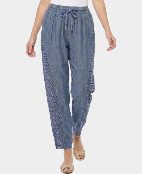 
Linen & Cotton Pants w/ Crochet Trim in BLUE view 1