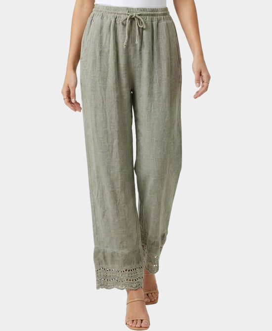 
Linen & Cotton Pants w/ Eyelet Hem in OLIVE view 1