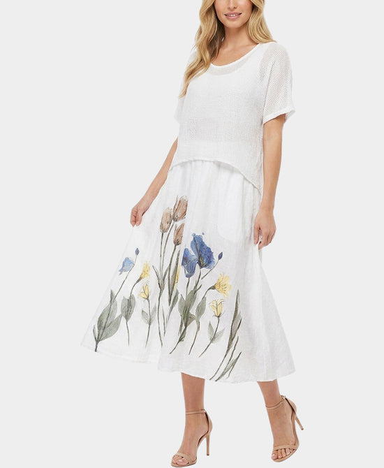 
Floral Print Linen Dress & Net Top Set- 2 Pc Set in WHITE view 1