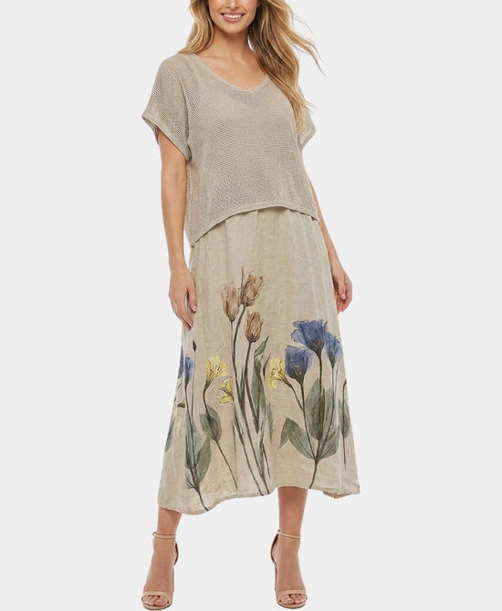 
Floral Print Linen Dress & Net Top Set- 2 Pc Set in BEIGE view 1