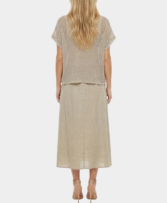 
Floral Print Linen Dress & Net Top Set- 2 Pc Set in BEIGE view 2