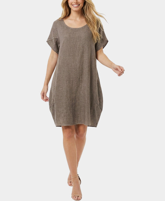 
Linen & Cotton Combo Dress in BROWN view 1
