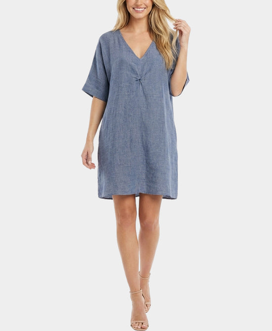 
Linen & Cotton Combo Dress w/ Twist Detail in BLUE view 2