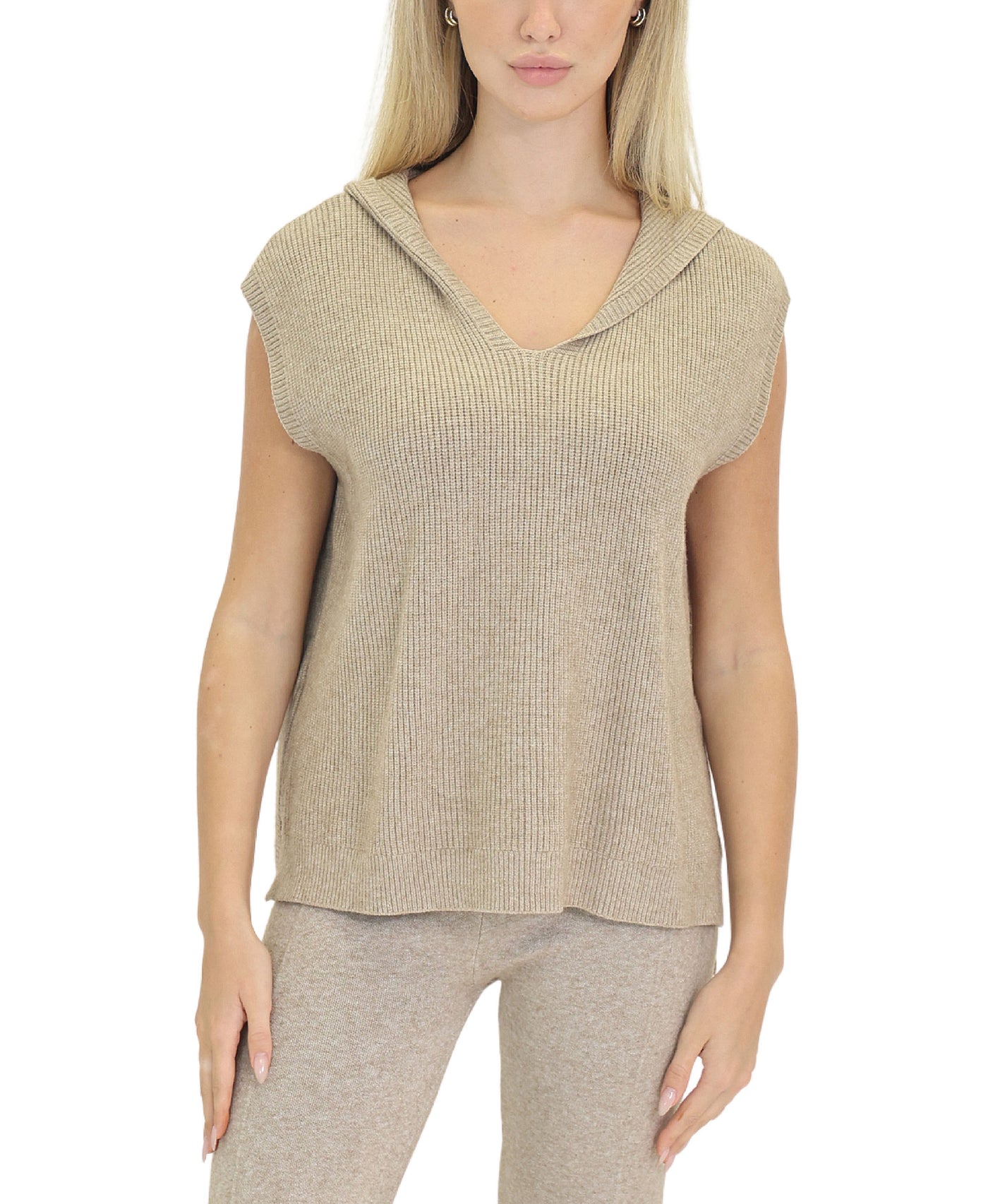 Knit Ribbed Sleeveless Hoodie view 1