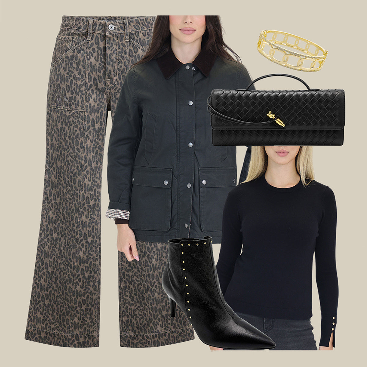 Flat lay of a fall outfit: leopard print jeans, black long sleeve top, barn jacket, black ankle boots, woven faux leather bag, and gold bracelets.