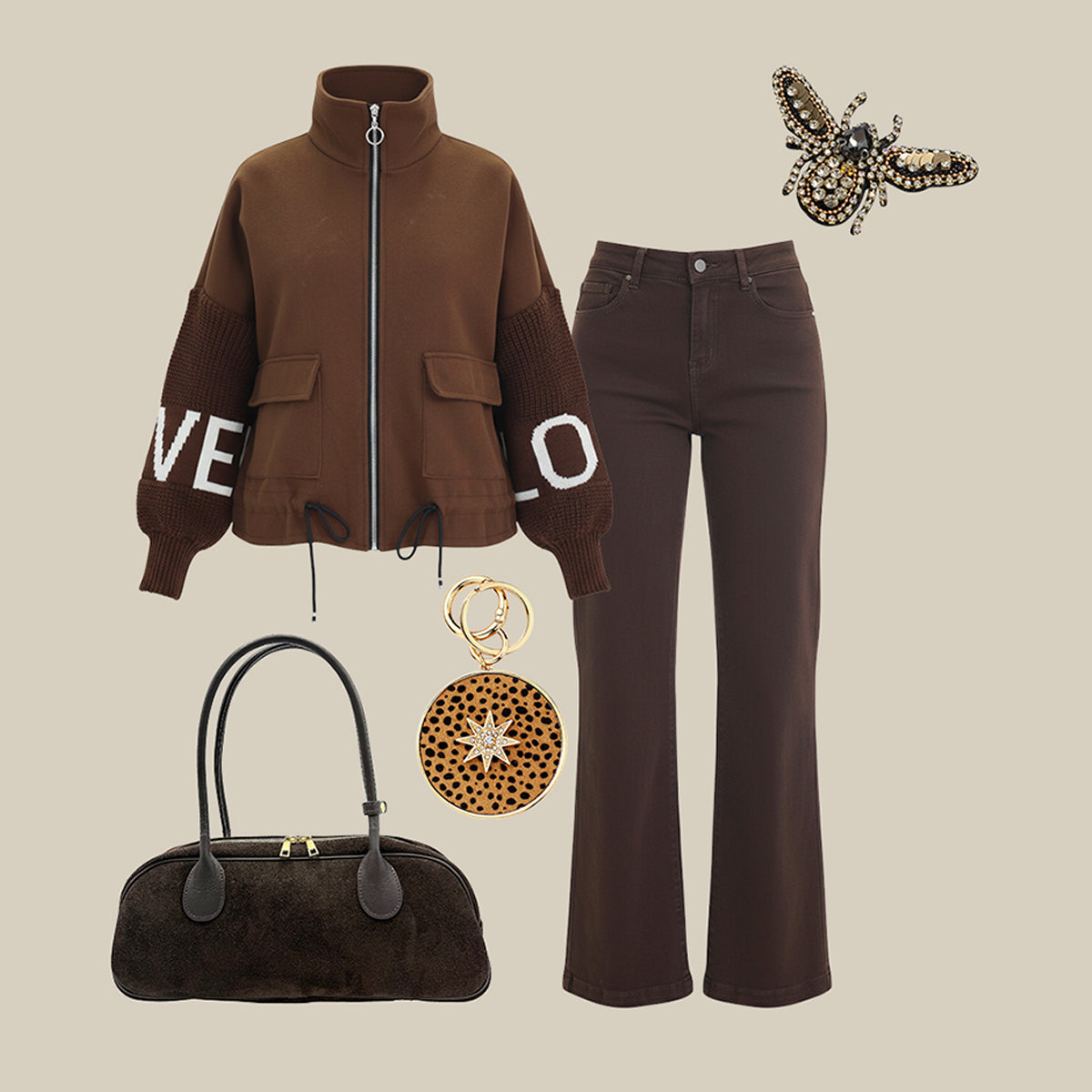 Brown jacket with the word love on sleeves, brown jeans, handbag, and accessories on a beige background