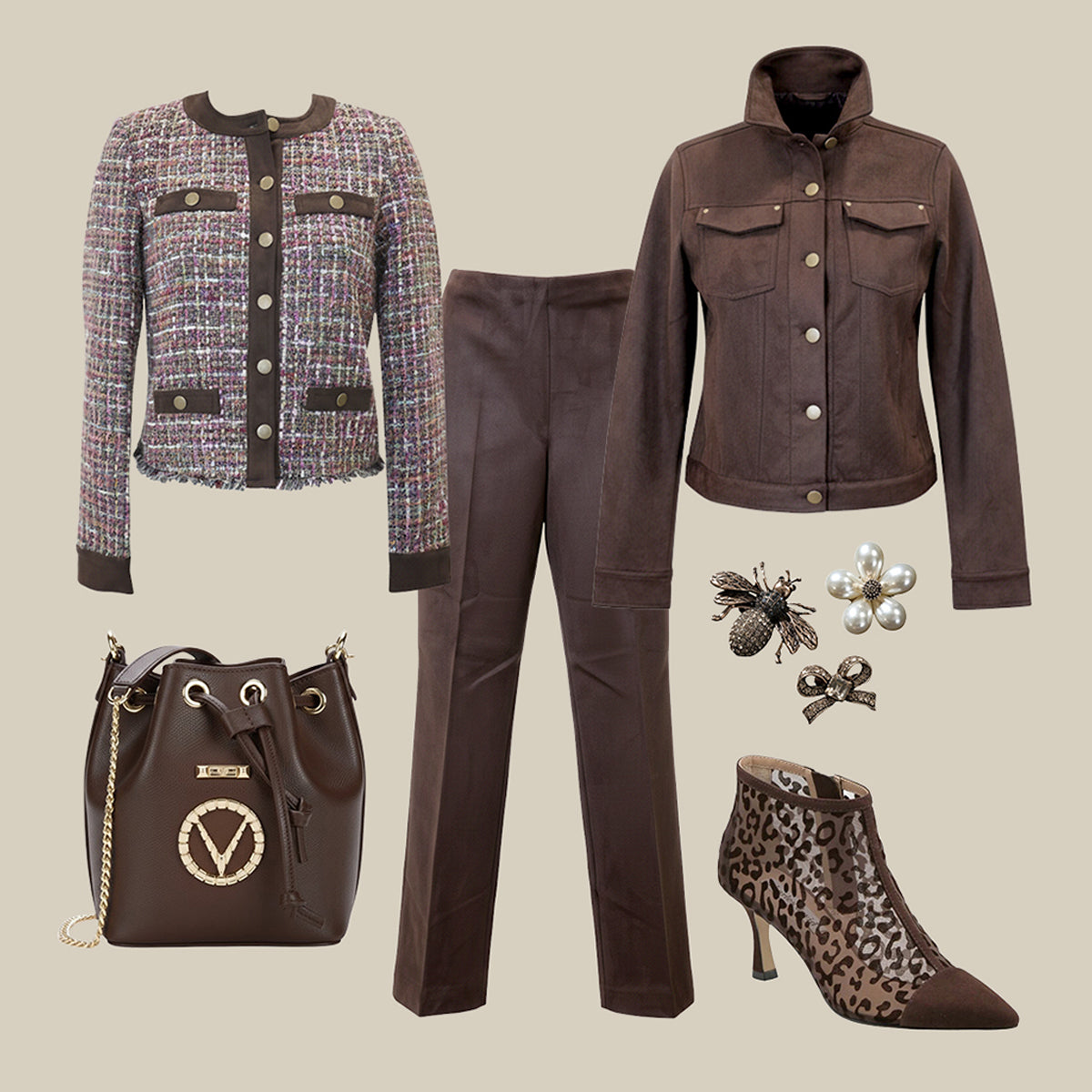 Collection of fashion items including a  faux suede jacket, pants, tweed multi color jacket, leather bag, leopard shoes,  on a beige background.