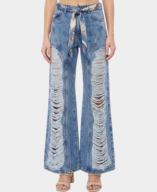 Shredded Jeans w/ Braided Scarf Belt view 1