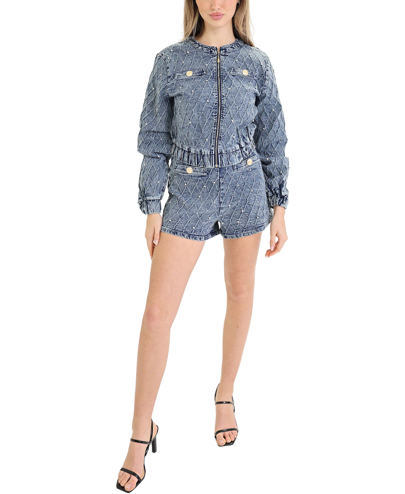 Denim Shorts & Jacket Rhinestone Set- 2 Pc Set view 1