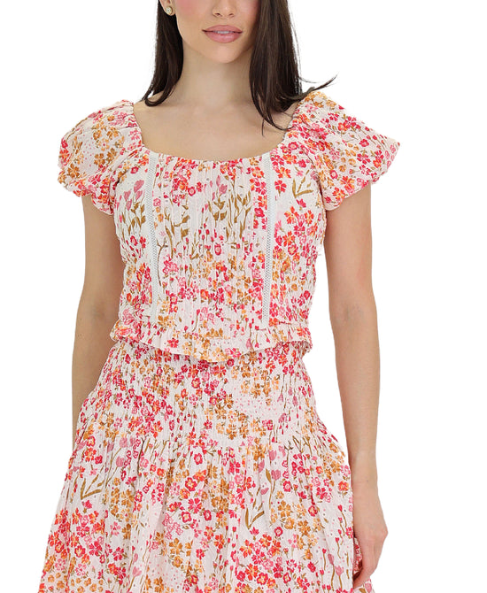 Floral Print Eyelet Top view 
