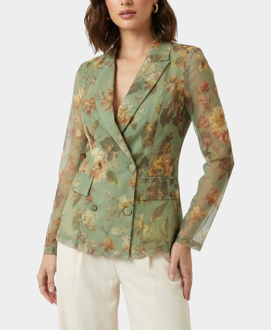 
Floral Print Blazer w/ Sheer Sleeves in GREEN MULTI view 1