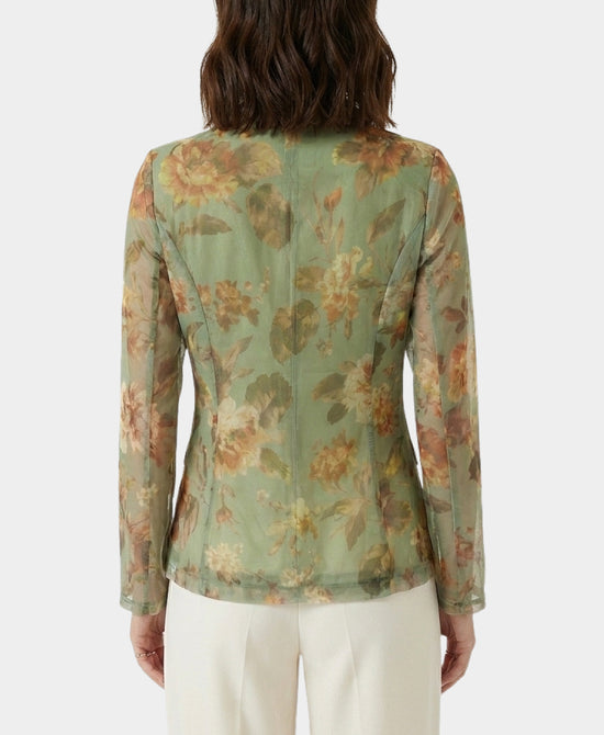
Floral Print Blazer w/ Sheer Sleeves in GREEN MULTI view 2