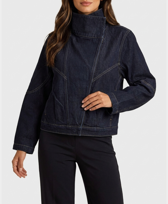 
Funnel Neck Denim Jacket in DARK WASH view 1