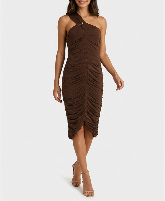 
Ruched Dress w/ Pearl Detail in BROWN view 1