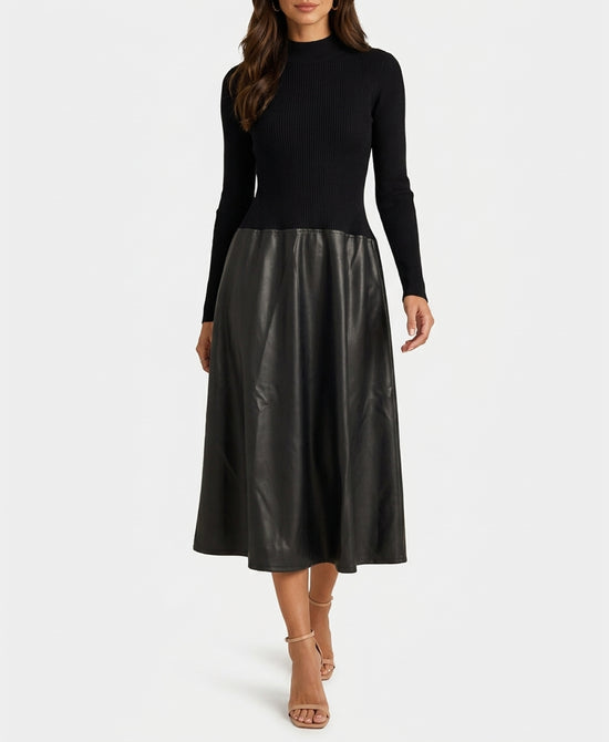 
Knit & Faux Leather Midi Dress in BLACK view 1