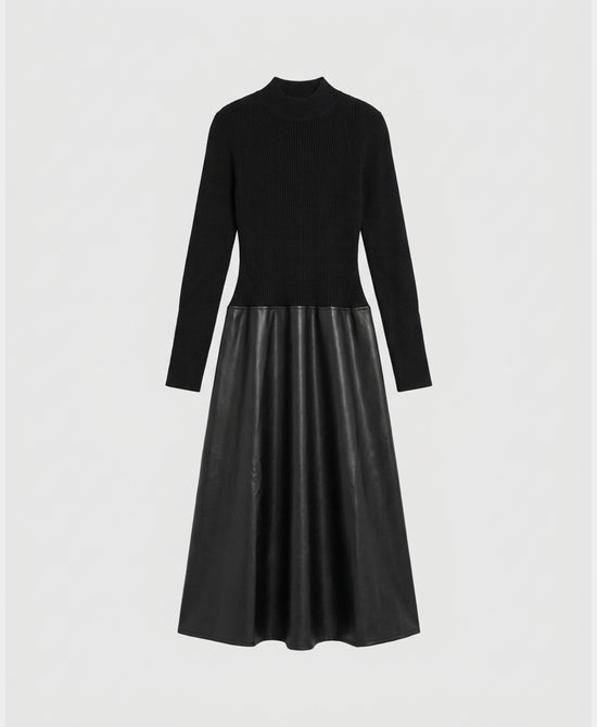
Knit & Faux Leather Midi Dress in BLACK view 2