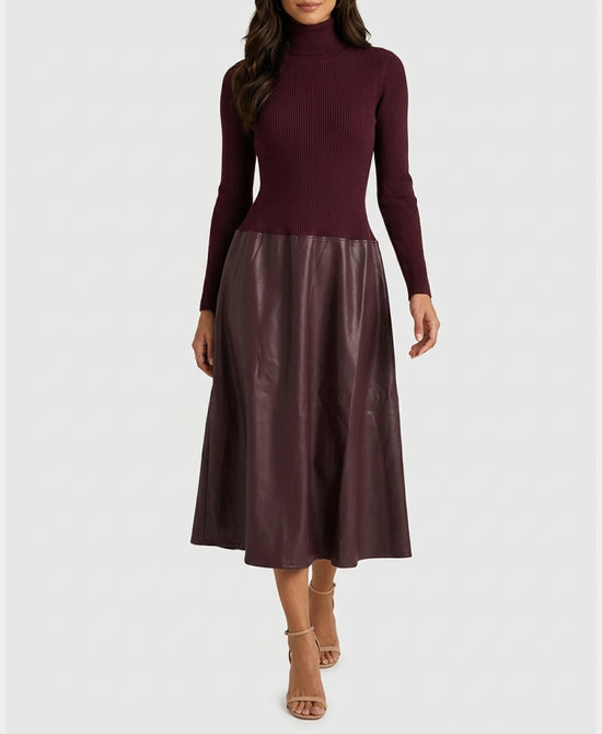 
Knit & Faux Leather Midi Dress in BURGUNDY view 1