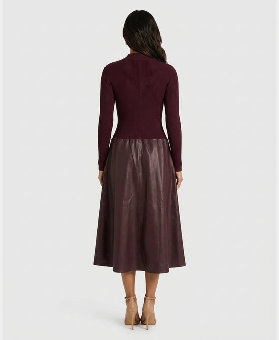 
Knit & Faux Leather Midi Dress in BURGUNDY view 2