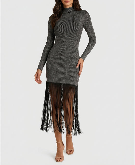 
Knit Metallic Dress w/ Fringe in BLACK/SILVER view 1