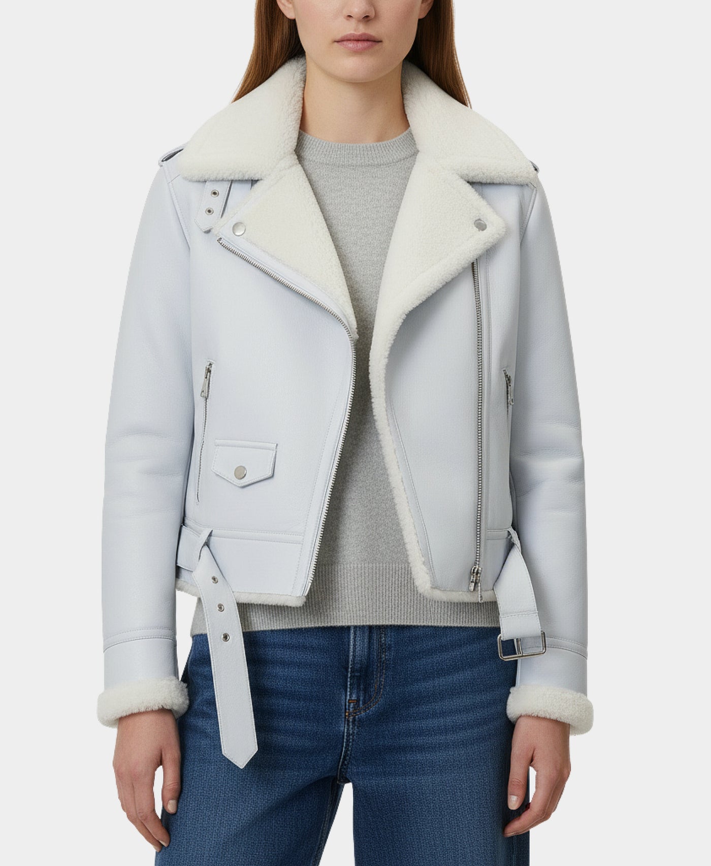 Shearling Moto Jacket w/ Fox Fur Trim view 1