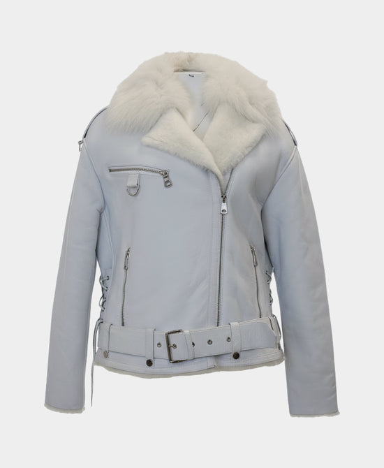 Shearling Moto Jacket w/ Fox Fur Trim view 
