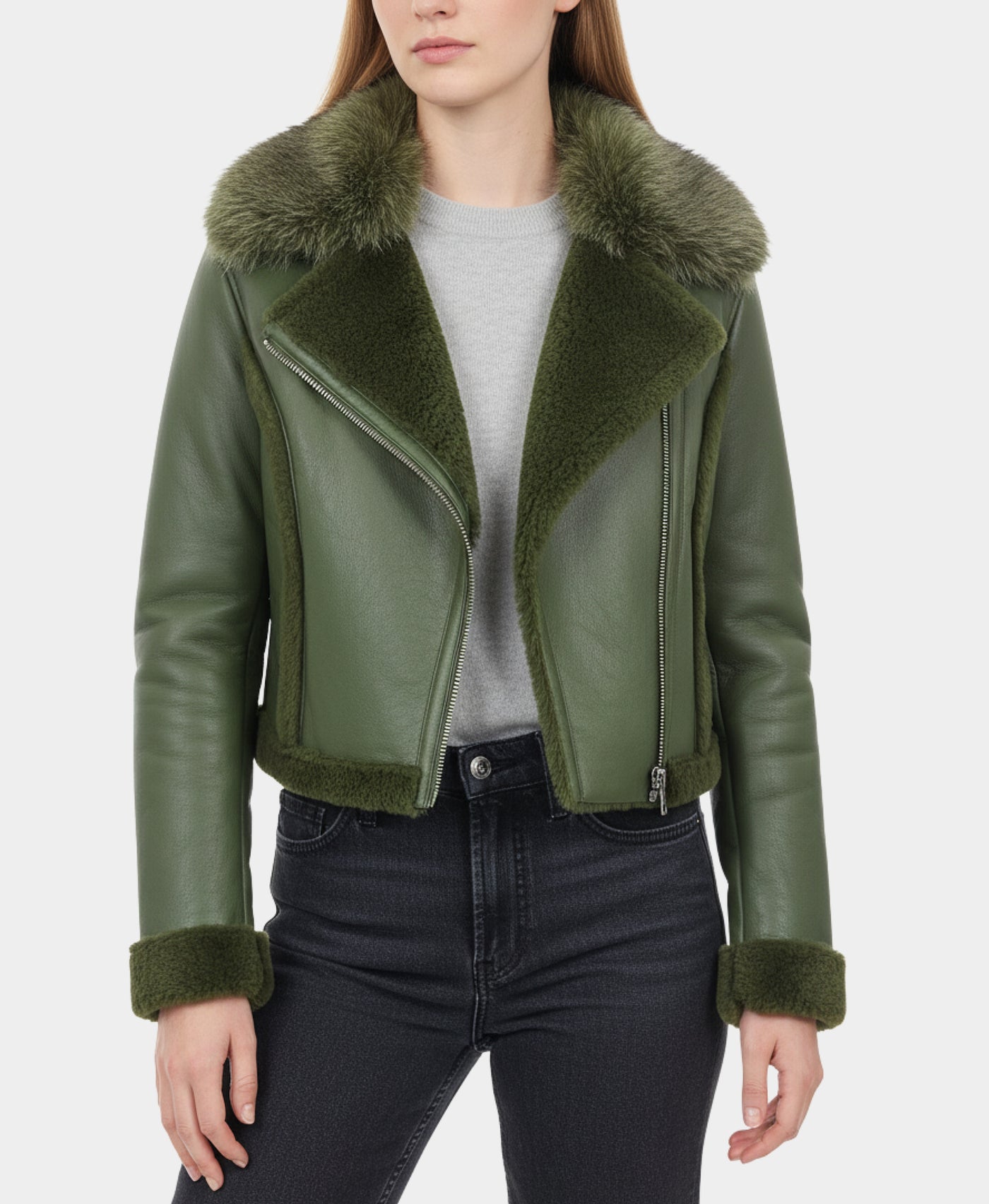 Cropped Shearling Jacket w/ Fox Fur Trim view 1